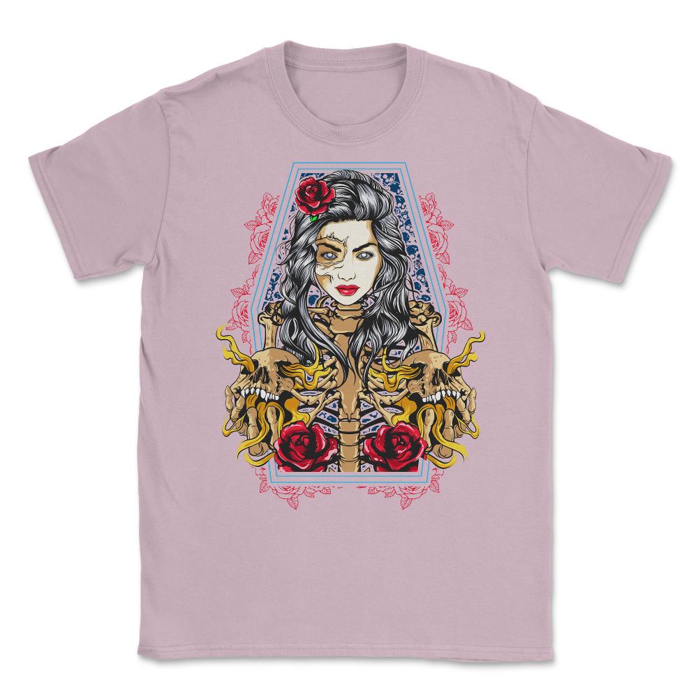 Skeleton Lady Death Halloween or Day of the Dead Unisex T-Shirt - Light Pink