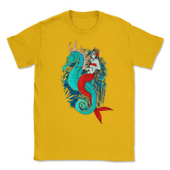 Day of Dead Mermaid on Seahorse Halloween Sugar Skull  Unisex T-Shirt - Gold