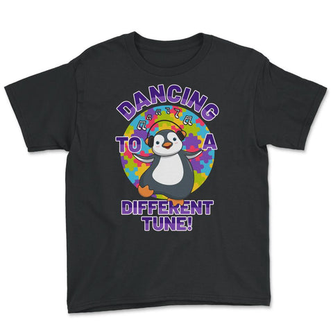 Dancing to a Different Tune Autism Awareness Penguin print Youth Tee - Black