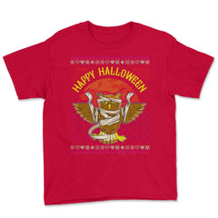 Happy Halloween Mummy Owl Funny Ugly Sweater Youth Tee - Red