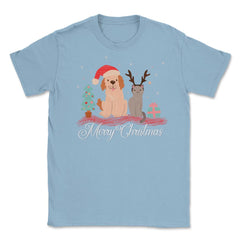 Merry Christmas Dog & Cat Funny T-Shirt Tee Gift Unisex T-Shirt - Light Blue