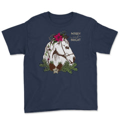 Christmas Horse Merry and Bright Equine T-Shirt Tee Gift Youth Tee - Navy