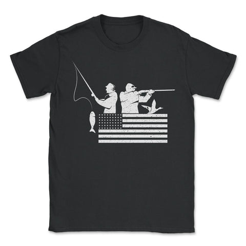 Fishing And Hunting USA Flag Patriotic Fisherman Hunter print - Unisex T-Shirt - Black