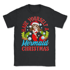 Christmas Mermaid Anime Girl Unisex T-Shirt - Black