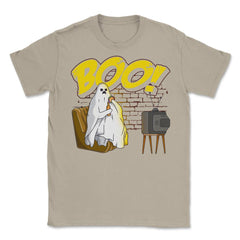 Boo! Ghost Watching TV, Drinking & Eating a Hamburger Funny graphic - Cream