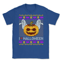 Spooky Jack O-Lantern Ugly Halloween Sweater Unisex T-Shirt - Royal Blue