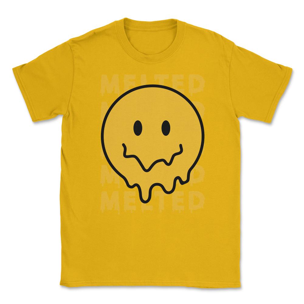 Melting Smiley Face Psychedelic Drip Emoticon design Unisex T-Shirt - Gold
