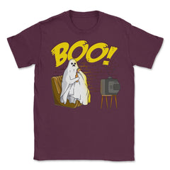 Boo! Ghost Watching TV, Drinking & Eating a Hamburger Funny graphic - Maroon