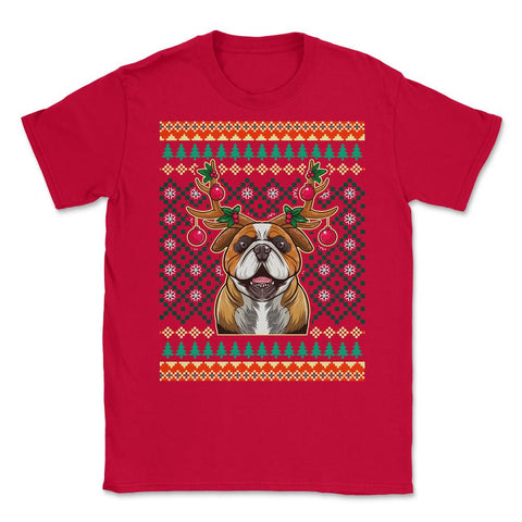 English Bulldog Ugly Christmas Reindeer Antlers Unisex T-Shirt - Red