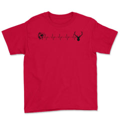 Funny Fish Deer EKG Heartbeat Fishing And Hunting Lover print Youth - Red