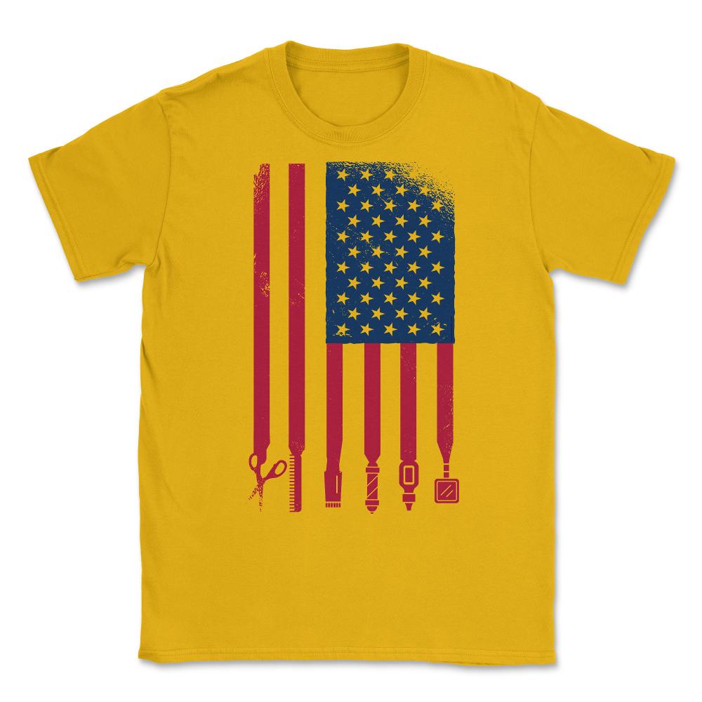 Barber Patriotic USA Flag Barber Tools Meme Grunge product Unisex - Gold