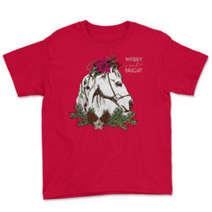 Christmas Horse Merry and Bright Equine T-Shirt Tee Gift Youth Tee - Red