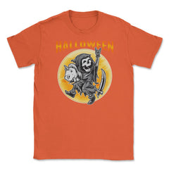 Death Reaper on a Toy Unicorn Funny Halloween Unisex T-Shirt - Orange