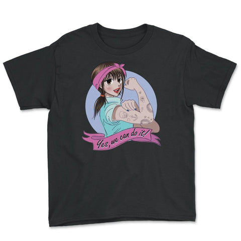 Yes, we can do it! Anime Girl Feminist Youth Tee - Black
