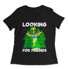 Alien in Spaceship Looking For Friends Funny Design graphic - Women's V-Neck Tee - Black
