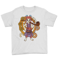 Steampunk Anime Cat Victorian Futurism for Women & Men print Youth Tee - White