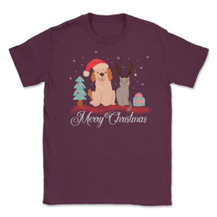 Merry Christmas Dog & Cat Funny T-Shirt Tee Gift Unisex T-Shirt - Maroon
