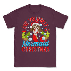 Christmas Mermaid Anime Girl Unisex T-Shirt - Maroon