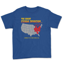 Cicada Invasion Coming to These States in US Map Funny print Youth Tee - Royal Blue