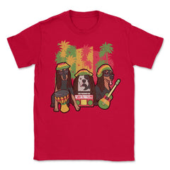 Reggae Music Dogs with Instruments and Rasta Hats Design graphic - Red