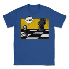 Funny Scared White Pawn Looking at Knight On Chessboard product - Royal Blue