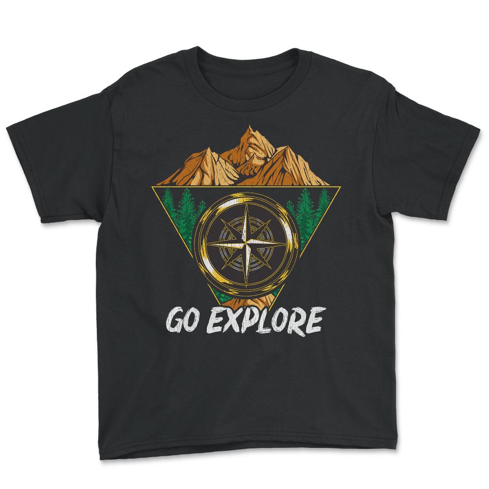 Go Explore Nature Mountains Forest & Compass Outdoor Camping design - Youth Tee - Black