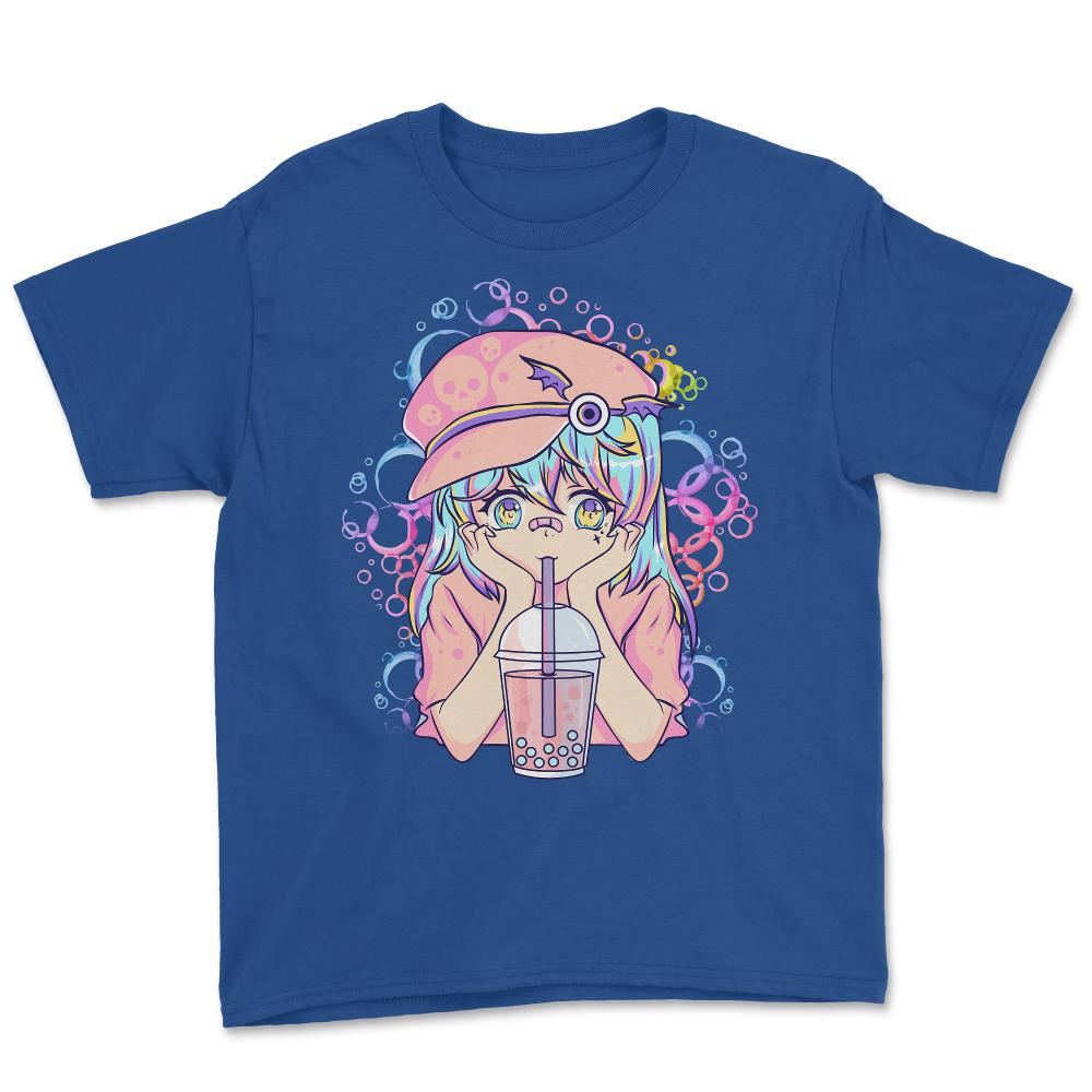 Anime Pastel Girl Drinking Bubble Tea Boba Lover Gift print Youth Tee - Royal Blue