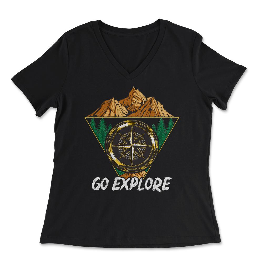 Go Explore Nature Mountains Forest & Compass Outdoor Camping design - Women's V-Neck Tee - Black