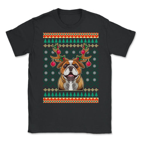 English Bulldog Ugly Christmas Reindeer Antlers Unisex T-Shirt - Black