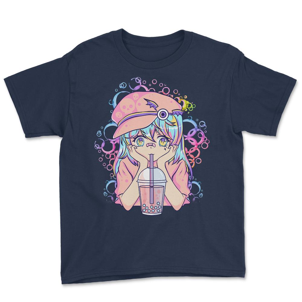 Anime Pastel Girl Drinking Bubble Tea Boba Lover Gift print Youth Tee - Navy