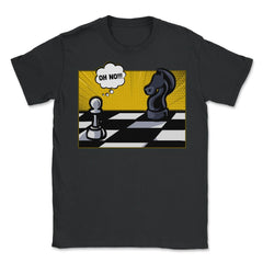 Funny Scared White Pawn Looking at Knight On Chessboard product - Black