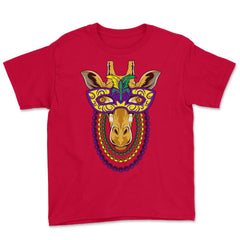 Mardi Gras Giraffe with beads & mask Funny Gift print Youth Tee - Red