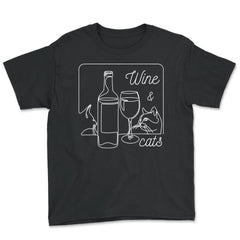 Wine and Cats Outline Artistic Design Gift print - Youth Tee - Black