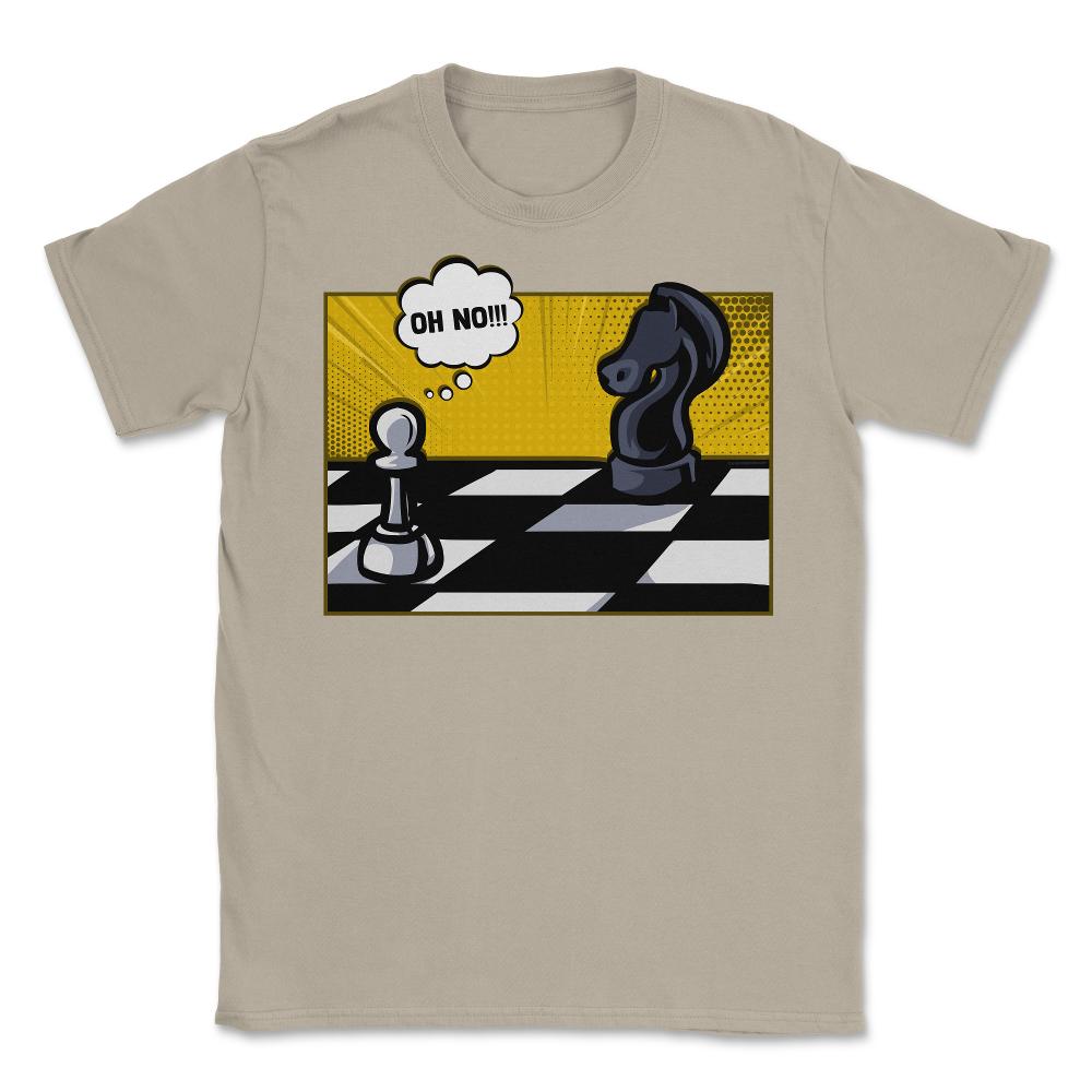 Funny Scared White Pawn Looking at Knight On Chessboard product - Cream