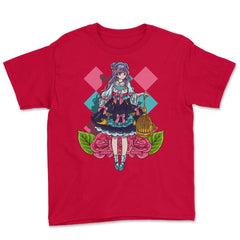 Lolita Fashion Themed Bird Cage Anime Design graphic Youth Tee - Red