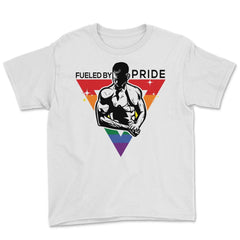 Fueled by Pride Gay Pride Guy in Rainbow Triangle2 Gift design Youth - White