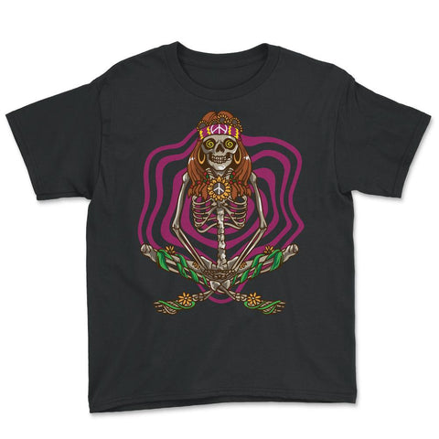 Skeleton Hippie with Psychedelic Sunflowers and Peace Signs print - Black