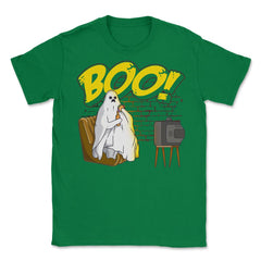 Boo! Ghost Watching TV, Drinking & Eating a Hamburger Funny graphic - Green