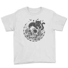 Mysterious Black Cat On A Skull Witchy Aesthetic Grunge print - Youth Tee - White