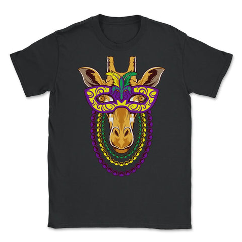 Mardi Gras Giraffe with beads & mask Funny Gift print Unisex T-Shirt - Black