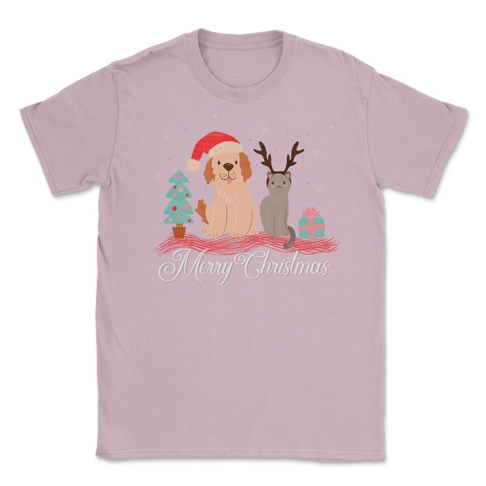 Merry Christmas Dog & Cat Funny T-Shirt Tee Gift Unisex T-Shirt - Light Pink
