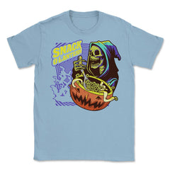Snack O-Lantern Halloween Death Skeleton Eating Unisex T-Shirt - Light Blue