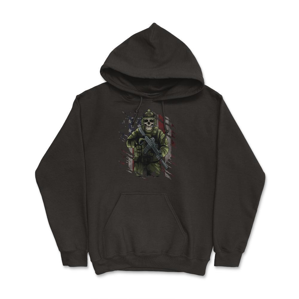 Skeleton Soldier with Rifle & in Front of a US Flag print Hoodie - Black